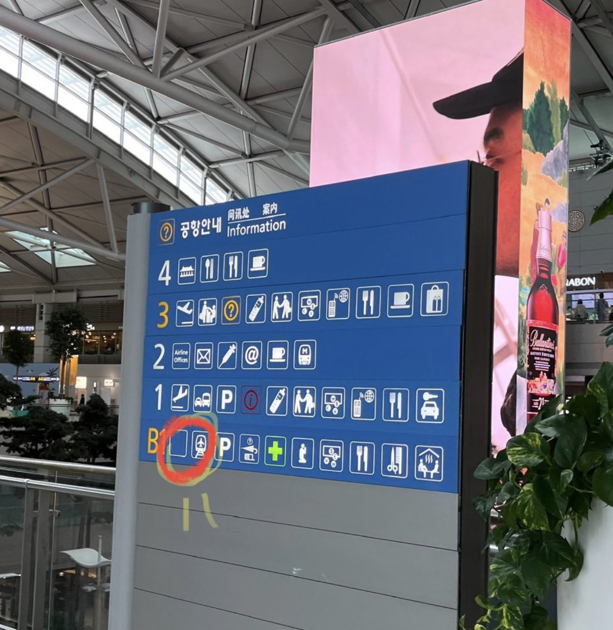 Overhead information board at Incheon Airport listing floors, with a train icon on the B1 row circled in red