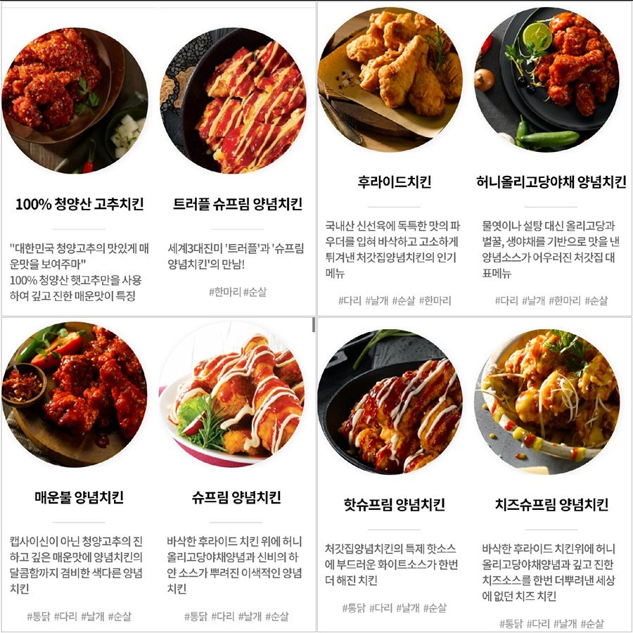 Screenshot of Cheogajip's official menu page showing eight chicken products with descriptions and no prices listed