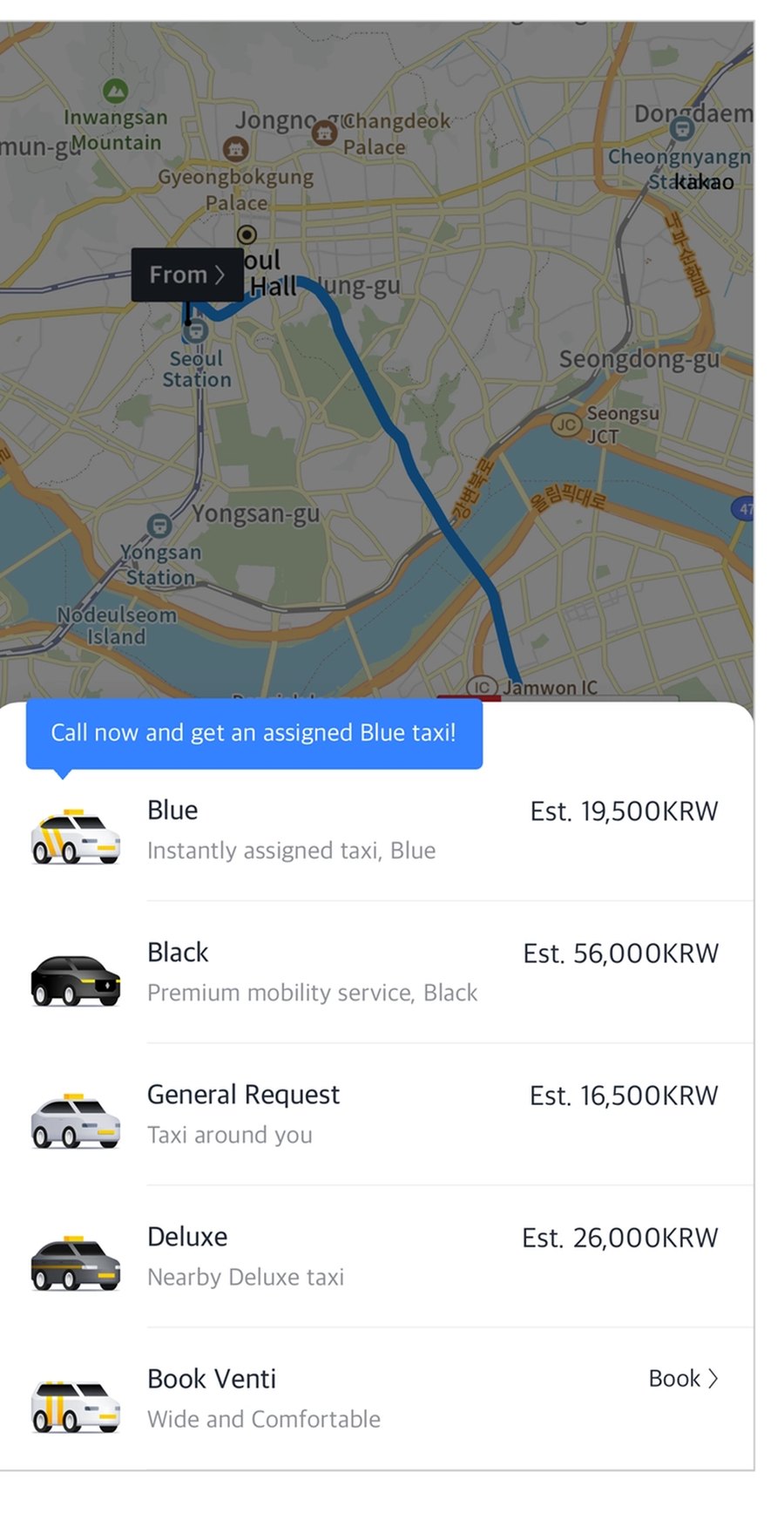 Kakao T in English showing a Seoul map with English place names and a list of taxi types with estimated fares