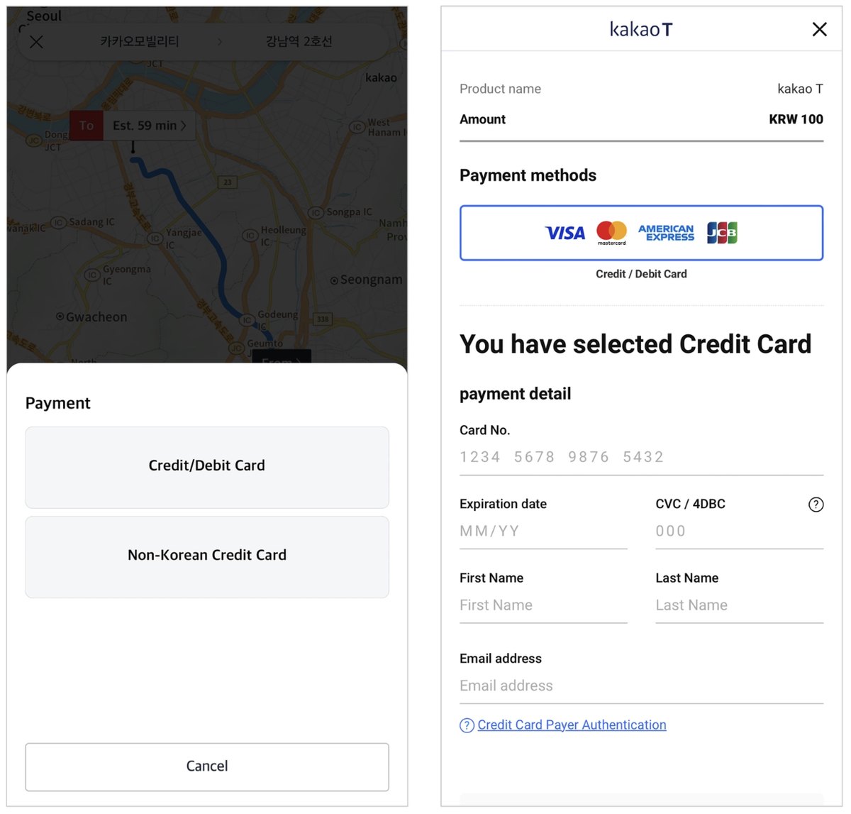 Kakao T payment screen showing a Non-Korean Credit Card option, and the card entry form accepting Visa, Mastercard, American Express and JCB